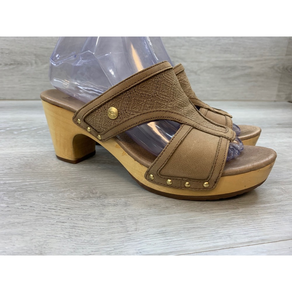 UGG Australia Women's Tan Leather Wooden Platform Clog Sandals Studded Heel 7